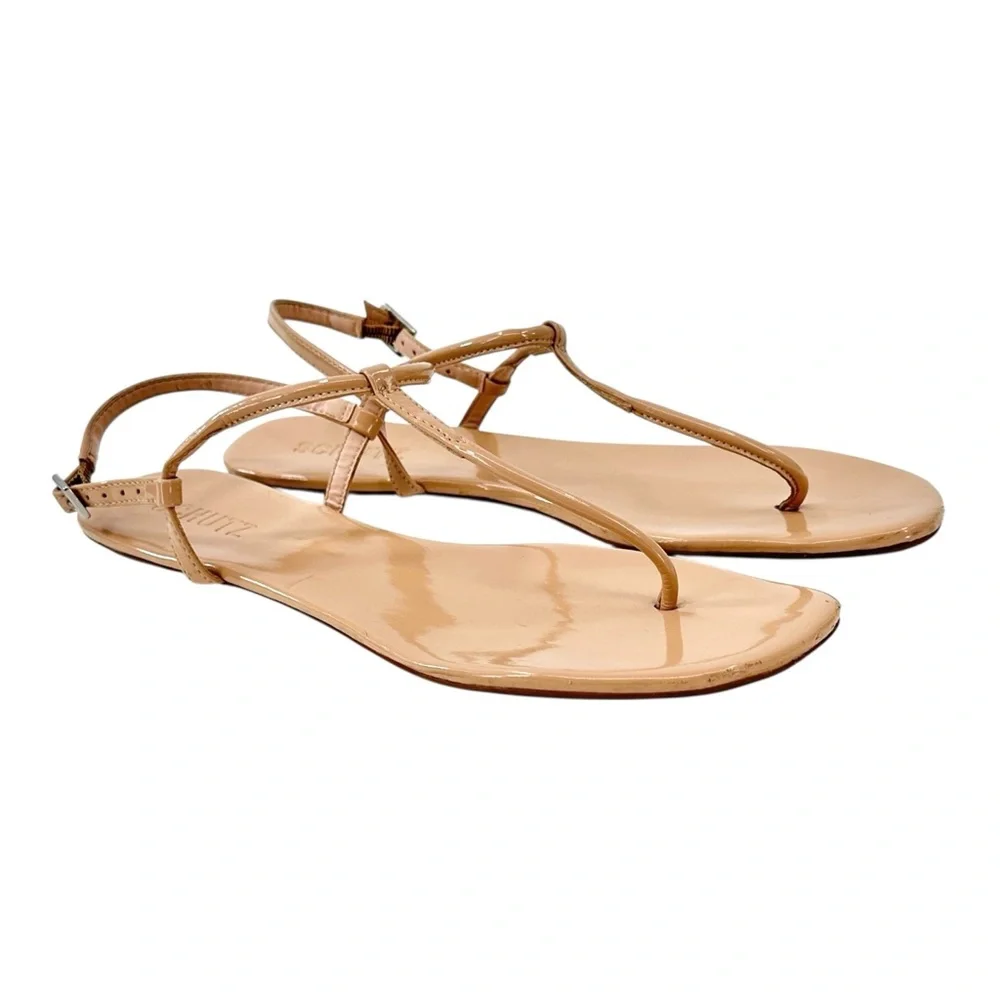 SCHUTZ Elsha Nude Beige Blush Pink Glossy Leather Round Toe Flat Sandals Flats